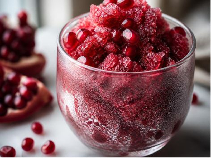 Pomegranate granita served in a glass with fresh pomegranate seeds on top